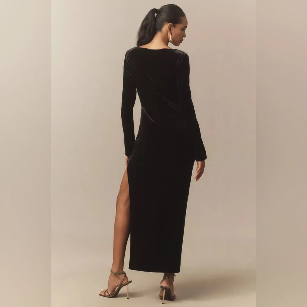 NWT BHLDN Eloise Boat Neck Stretch Side Slit Velvet Maxi Dress in Black Sz M - Picture 2 of 11